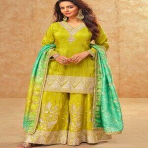 Tisha Gulkayra Premium Simar Embroidered Silk Palazzo Suit